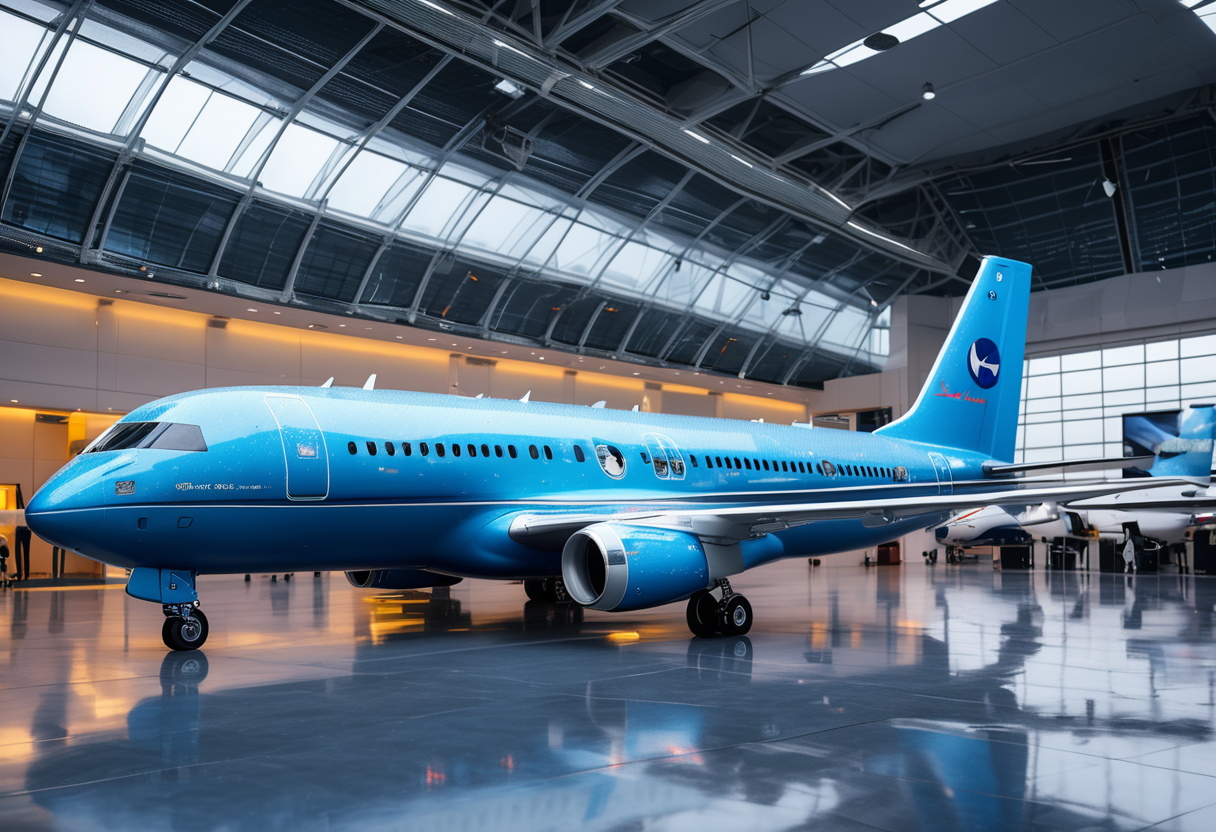 (medium full shot) of (spacious minuscule blue airplane) with carbon-fiber fuselage, hybrid engines, multiple decks, LED lighting, set in  in a luxurious terminal lounge, first-class passengers relaxing before their flight, the airplane being readied outside, amid stormy weather, ,Masterpiece,best quality, raw photo, realistic, very aesthetic