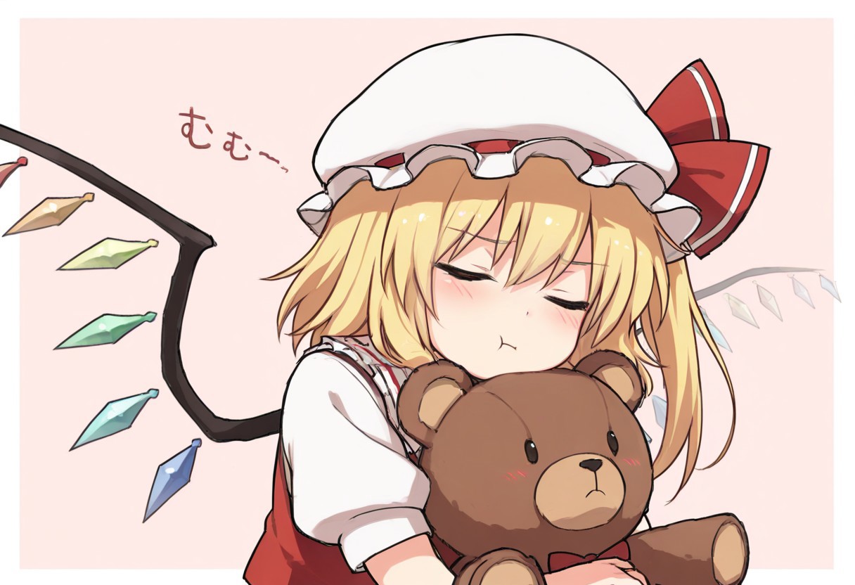 best quality, hires, upper body,
1girl, solo, flandre scarlet, hug, teddy bear,
looking away, closed eyes, :t, blush,