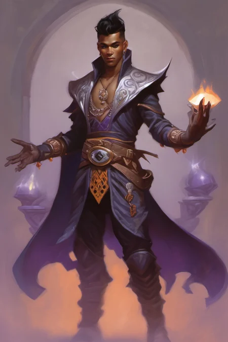 a mind - blowing portrait of a young shadow mage male, wearing a vest with diamond pattern, joyful, d & d, fantasy, intricate, elegant, highly detailed, digital painting, artstation, concept art, matte, sharp, illustration, hearthstone <lora:Fantasy_art_XL_V1:0.75> stunning fantasy art by boris vallejo