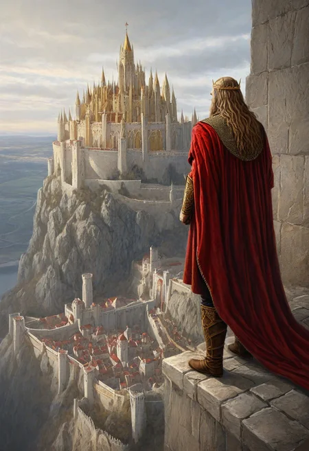 A king looking from a very high castle, perspective is 3rd person from the king, he is looking at his vast kingdom, he wears red and golden medieval rope and his kingdom has a style of Gondor.