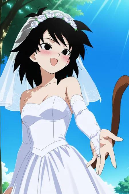 anime screencap, absurdres, high quality, official style,
gine, black hair, medium hair, spiked hair, black eyes, monkey tail
wedding dress, wedding ring, outstretched hand, palms, arm at side, smile, blush, bridal veil, open mouth,
outdoors, wedding, blue sky, day, tree, cowboy shot, bridal gauntlets, strapless, dappled sunlight,
<lora:Gine_IL:0.8>