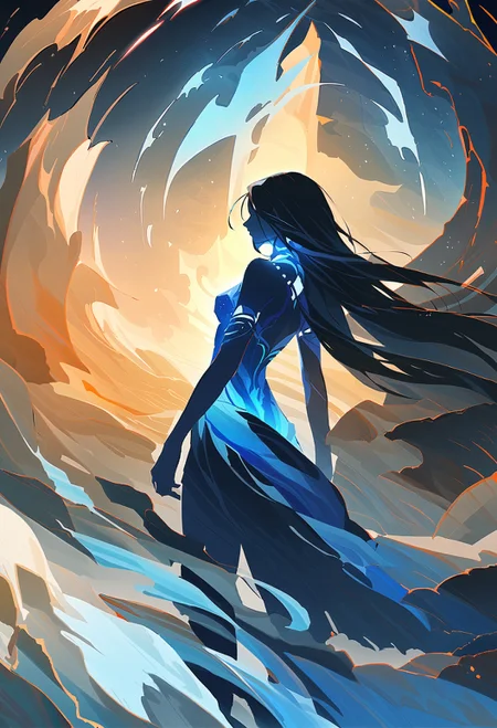 masterpiece, best quality, 1girl,Detailed complex chaotic seascape blue light mysterious silhouette of shiva, goddess of ice, fung-hwang,UV-reactive, blue light art concept by Waterhouse, Carne Griffiths, Minjae Lee, Ana Paula Hoppe, Stylized florescent art, Intricate, Complex contrast, HDR,OverallDetail, mineral color painting, rule of thirds, high contrast <lora:sdxl\sd_xl_dpo_lora_v1-128dim>