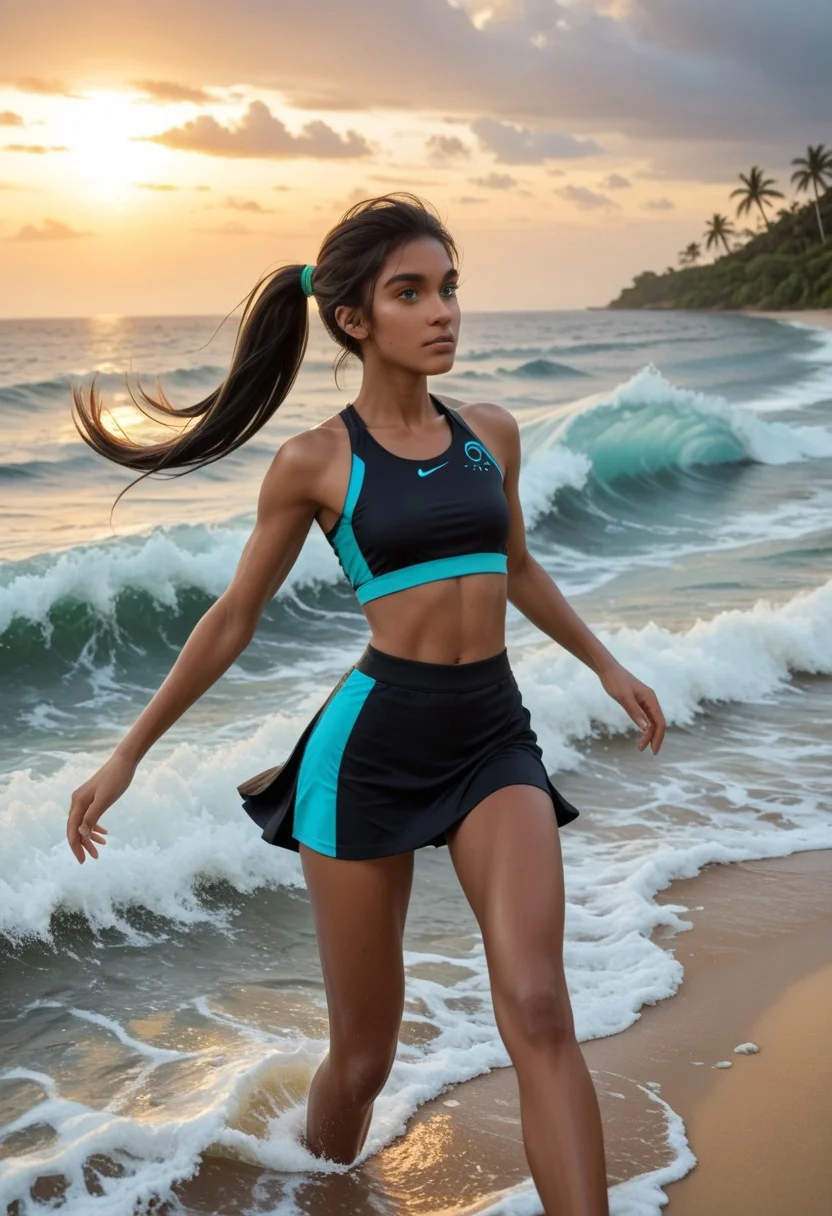 1girl, Masterpiece, 8k, ultra high detail, score_9, score_8_up, score_8, medium breast size, sporty long deepblack ponytail hair, fcNeg, stunning green eyes, native american skin, tan skin, small nose, innocent beauty, cute face, athletic body, perfect body, extreme detailed body, perfect face, ultra high detailed face, perfect eyes,
Sideview,
Sport clothes, sport top, sporty skirt, running, active Sport, surfing, beach, tropical, tropical beach, Island, waves, Surfing on waves, on surfboard, standing on surfboard, surfboard on waves,