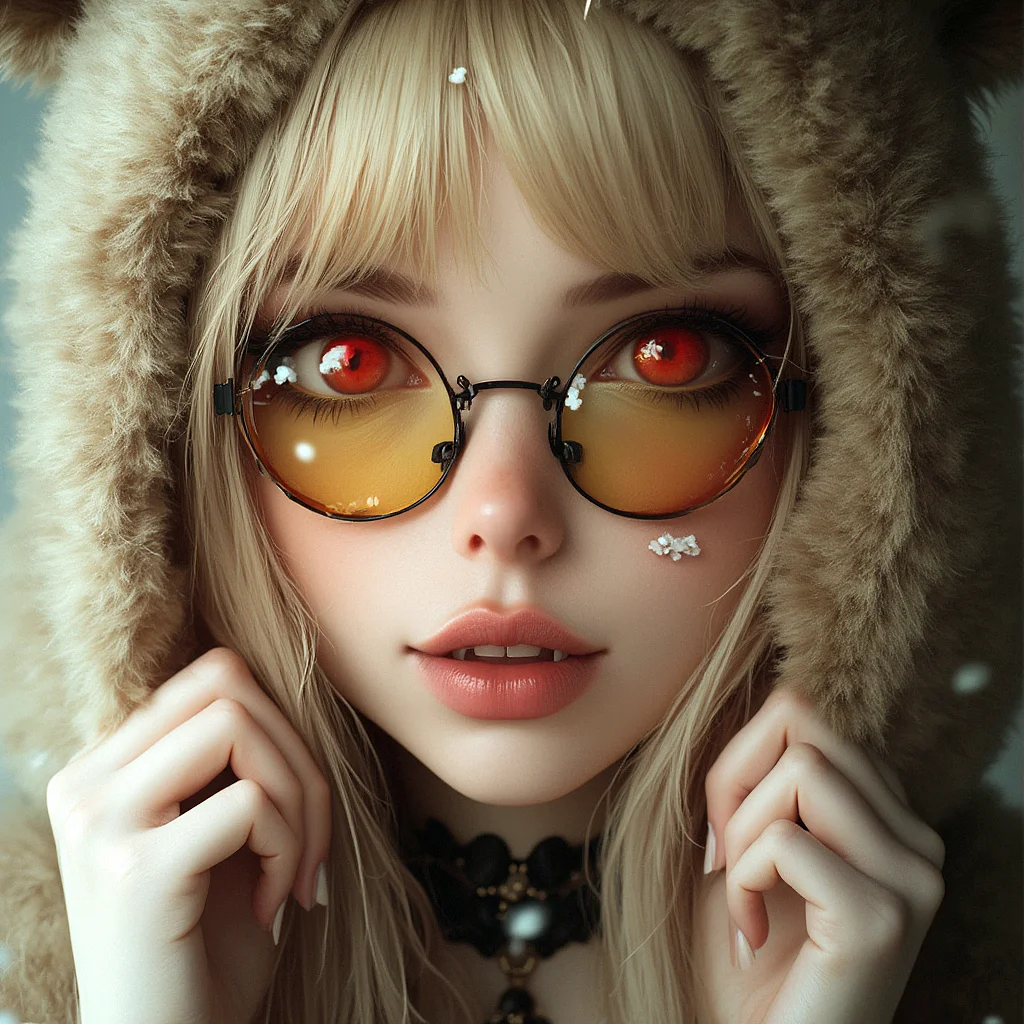 A stunning doll like face close-up of a blonde woman, gothic fashion, with bright red eyes, moist pink lips, smooth skin, fangs, long eyelashes, long fingernails,  wearing a fluffy animal ear hood, wearing beautiful necklace, wearing yellow tinted glasses,  wide cleavage,  soft lighting, realistic and delicate facial features, fallen snowpetal,  photorealistic rendering. Natural light interplay on skin,Photorealistic shadow softness, Lifelike hair gloss , Photorealistic color grading, Shoulders angled slightly forward, both hands gently holding the sides of the face, head tilted slightly up.

