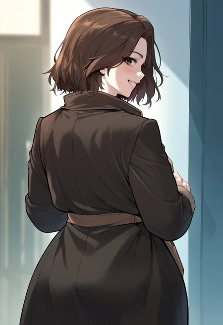 zPDXL3, score_9_up, score_8_up, score_7_up, (Anime_source), 1girl, Joanna, dark eyes, brown hair, short hair, coat, looking back, cowboy shot, looking at viewer, smile, little blush