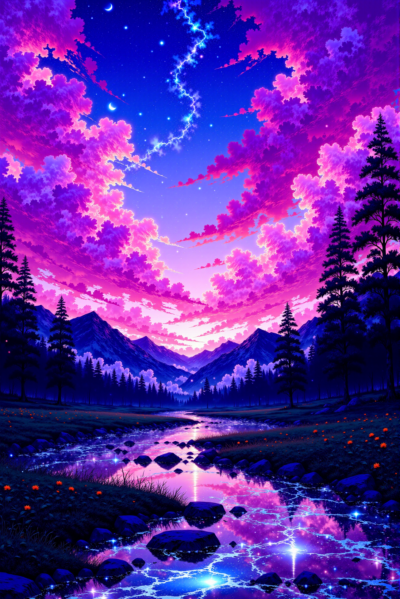 <lora:Vibrant_Glow_style:0.9> VibrantGlow style.  
 This is a vibrant, digitally rendered artwork showcasing a surreal, fantastical landscape at sunset or sunrise. The scene is dominated by a breathtakingly colorful sky filled with dramatic swirling clouds in shades of pink, purple, and blue, creating a sense of depth and motion. The clouds are illuminated with star-like highlights, mimicking the glow of celestial bodies. Below, a forested landscape features dark silhouettes of towering pine trees that stretch towards the horizon. The trees are positioned in the lower third of the image, providing a stark contrast to the vibrant sky. The ground and forest are bathed in a softer, cooler color palette, blending from dark greens at the bottom to dark blue near the base of the trees.  In the foreground, a serene, crystal-clear stream flows gently through the middle of the scene, reflecting the vivid colors of the sky and creating a shimmering effect. The stream is flanked by dark, moss-covered rocks scattered along its banks, which are dotted with a few glowing firefly-like orbs, adding an otherworldly, magical ambiance.