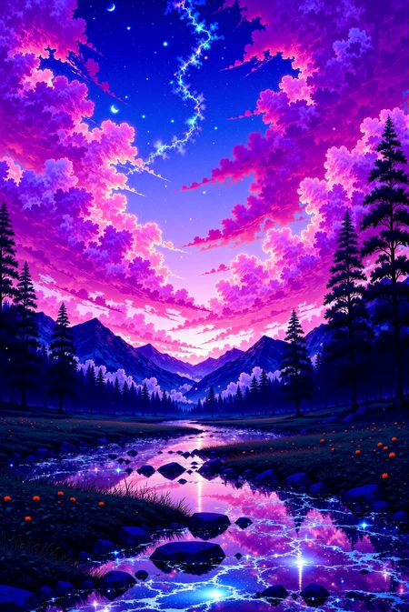 <lora:Vibrant_Glow_style:0.9> VibrantGlow style.
This is a vibrant, digitally rendered artwork showcasing a surreal, fantastical landscape at sunset or sunrise. The scene is dominated by a breathtakingly colorful sky filled with dramatic swirling clouds in shades of pink, purple, and blue, creating a sense of depth and motion. The clouds are illuminated with star-like highlights, mimicking the glow of celestial bodies. Below, a forested landscape features dark silhouettes of towering pine trees that stretch towards the horizon. The trees are positioned in the lower third of the image, providing a stark contrast to the vibrant sky. The ground and forest are bathed in a softer, cooler color palette, blending from dark greens at the bottom to dark blue near the base of the trees. In the foreground, a serene, crystal-clear stream flows gently through the middle of the scene, reflecting the vivid colors of the sky and creating a shimmering effect. The stream is flanked by dark, moss-covered rocks scattered along its banks, which are dotted with a few glowing firefly-like orbs, adding an otherworldly, magical ambiance.