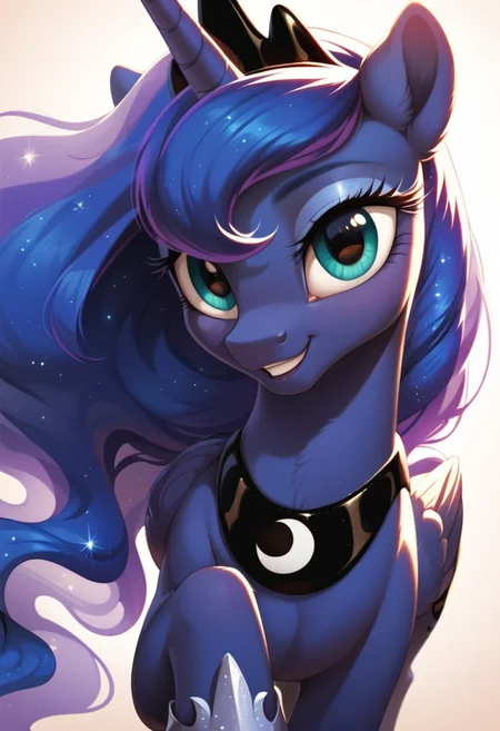 score_9, score_8_up, score_7_up, score_6_up, score_5_up, score_4_up, my little pony, ((feral pony)), Princess Luna, 1girl, ((solo)), (sexy), beautiful, detailed, (detailed cute pony face), detailed eyes, detailed fur, detailed hooves, beautiful, vector, flat colors, (beautiful long eyelashes), (beautiful hooves), hoof shoes, tiara, simple background, colorful background, (looking at you, looking at viewer:1.5), smiling, ((close-up)), high angle