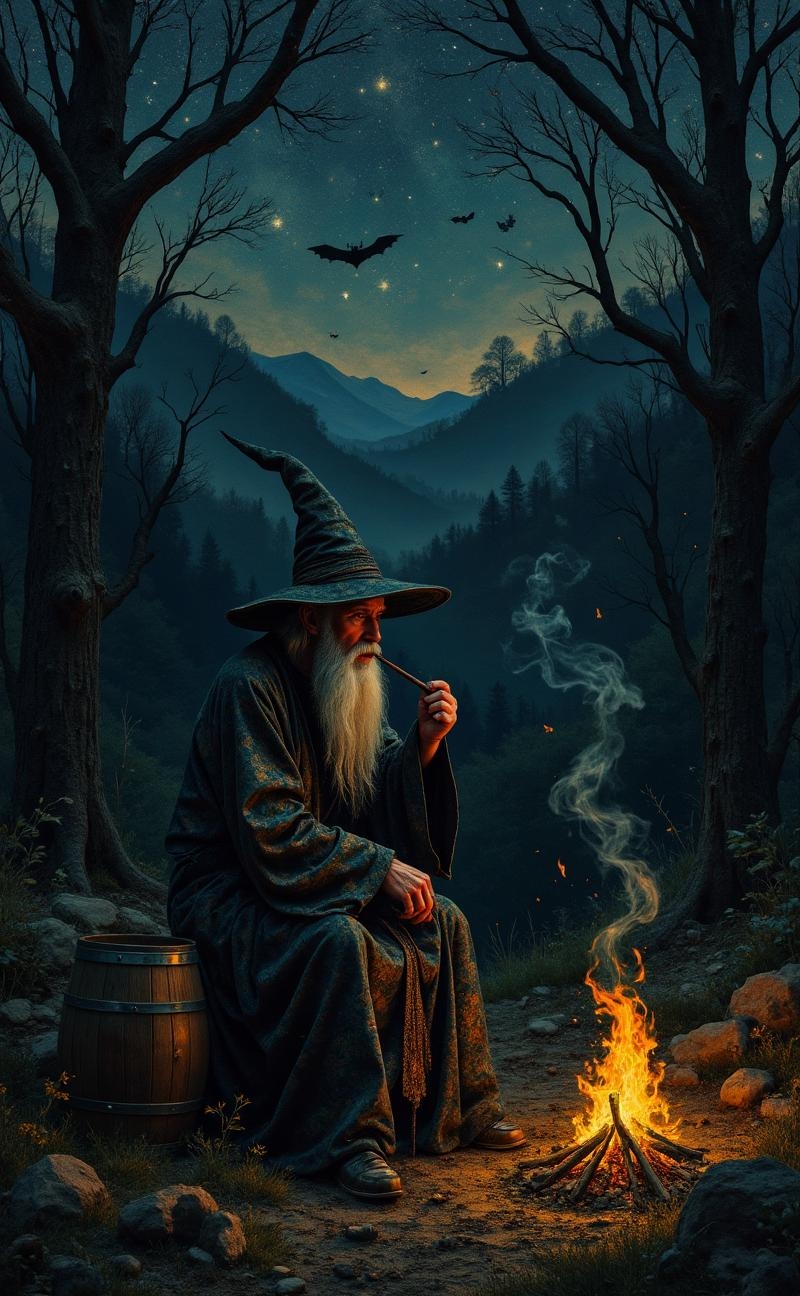 <lora:flux-collagestyle.safetensors:1> darkfantasycollagestyle
In the midst of a desolate forest, the old wizard sits by a flickering campfire, his presence both enigmatic and foreboding. His pointed hat and long, intricately patterned robes seem to absorb the dim light, casting him in an eternal shadow. The silver strands of his long white beard glisten with a faint, otherworldly glow, as if each hair holds a secret of its own. He smokes a pipe, the smoke curling into the starry night sky, but the patterns it forms are twisted and unsettling, like the whispers of ancient, malevolent spirits.
The firelight dances on his weathered face, creating deep, hollow shadows that seem to move of their own accord. The wooden barrel beside him is ancient and worn, as if it has been there for centuries, a silent witness to dark rituals and forgotten tales. In the distance, bat-like silhouettes flit through the air, their wings beating a rhythm of unease. The night sky is a canvas of stars, their brightness a stark contrast to the dark, ominous hills that loom in the background, their shapes distorted and menacing.
The air is thick with an oppressively cold silence, broken only by the occasional crackle of the fire and the distant, haunting cries of nocturnal creatures. The wizard's eyes, deep-set and glinting with an unnatural light, seem to pierce through the darkness, as if he is communicating with the shadows themselves. The scene is a tapestry of dread, where every element contributes to a sense of impending horror, and the night itself seems to hold its breath, waiting for something sinister to unfold.