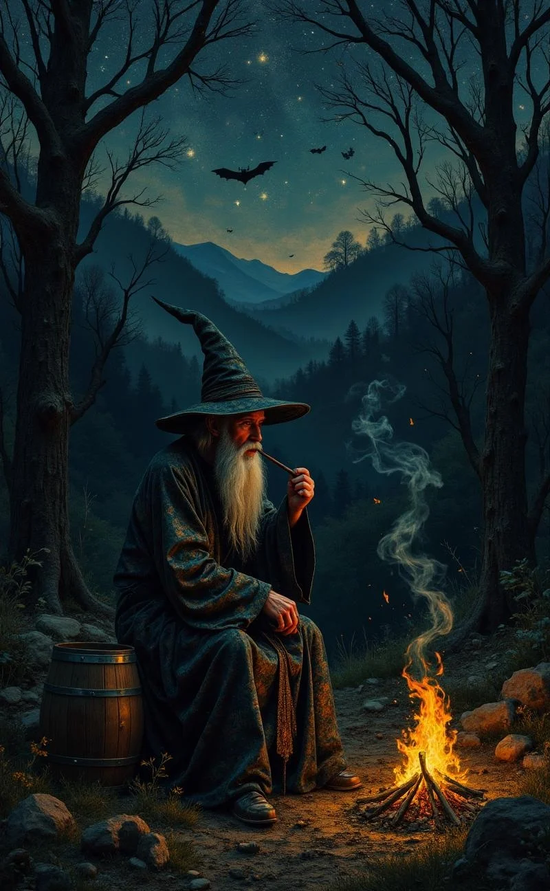 <lora:flux-collagestyle.safetensors:1> darkfantasycollagestyle
In the midst of a desolate forest, the old wizard sits by a flickering campfire, his presence both enigmatic and foreboding. His pointed hat and long, intricately patterned robes seem to absorb the dim light, casting him in an eternal shadow. The silver strands of his long white beard glisten with a faint, otherworldly glow, as if each hair holds a secret of its own. He smokes a pipe, the smoke curling into the starry night sky, but the patterns it forms are twisted and unsettling, like the whispers of ancient, malevolent spirits.
The firelight dances on his weathered face, creating deep, hollow shadows that seem to move of their own accord. The wooden barrel beside him is ancient and worn, as if it has been there for centuries, a silent witness to dark rituals and forgotten tales. In the distance, bat-like silhouettes flit through the air, their wings beating a rhythm of unease. The night sky is a canvas of stars, their brightness a stark contrast to the dark, ominous hills that loom in the background, their shapes distorted and menacing.
The air is thick with an oppressively cold silence, broken only by the occasional crackle of the fire and the distant, haunting cries of nocturnal creatures. The wizard's eyes, deep-set and glinting with an unnatural light, seem to pierce through the darkness, as if he is communicating with the shadows themselves. The scene is a tapestry of dread, where every element contributes to a sense of impending horror, and the night itself seems to hold its breath, waiting for something sinister to unfold.