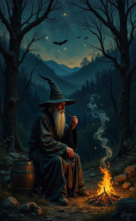 <lora:flux-collagestyle.safetensors:1> darkfantasycollagestyle
In the midst of a desolate forest, the old wizard sits by a flickering campfire, his presence both enigmatic and foreboding. His pointed hat and long, intricately patterned robes seem to absorb the dim light, casting him in an eternal shadow. The silver strands of his long white beard glisten with a faint, otherworldly glow, as if each hair holds a secret of its own. He smokes a pipe, the smoke curling into the starry night sky, but the patterns it forms are twisted and unsettling, like the whispers of ancient, malevolent spirits.
The firelight dances on his weathered face, creating deep, hollow shadows that seem to move of their own accord. The wooden barrel beside him is ancient and worn, as if it has been there for centuries, a silent witness to dark rituals and forgotten tales. In the distance, bat-like silhouettes flit through the air, their wings beating a rhythm of unease. The night sky is a canvas of stars, their brightness a stark contrast to the dark, ominous hills that loom in the background, their shapes distorted and menacing.
The air is thick with an oppressively cold silence, broken only by the occasional crackle of the fire and the distant, haunting cries of nocturnal creatures. The wizard's eyes, deep-set and glinting with an unnatural light, seem to pierce through the darkness, as if he is communicating with the shadows themselves. The scene is a tapestry of dread, where every element contributes to a sense of impending horror, and the night itself seems to hold its breath, waiting for something sinister to unfold.