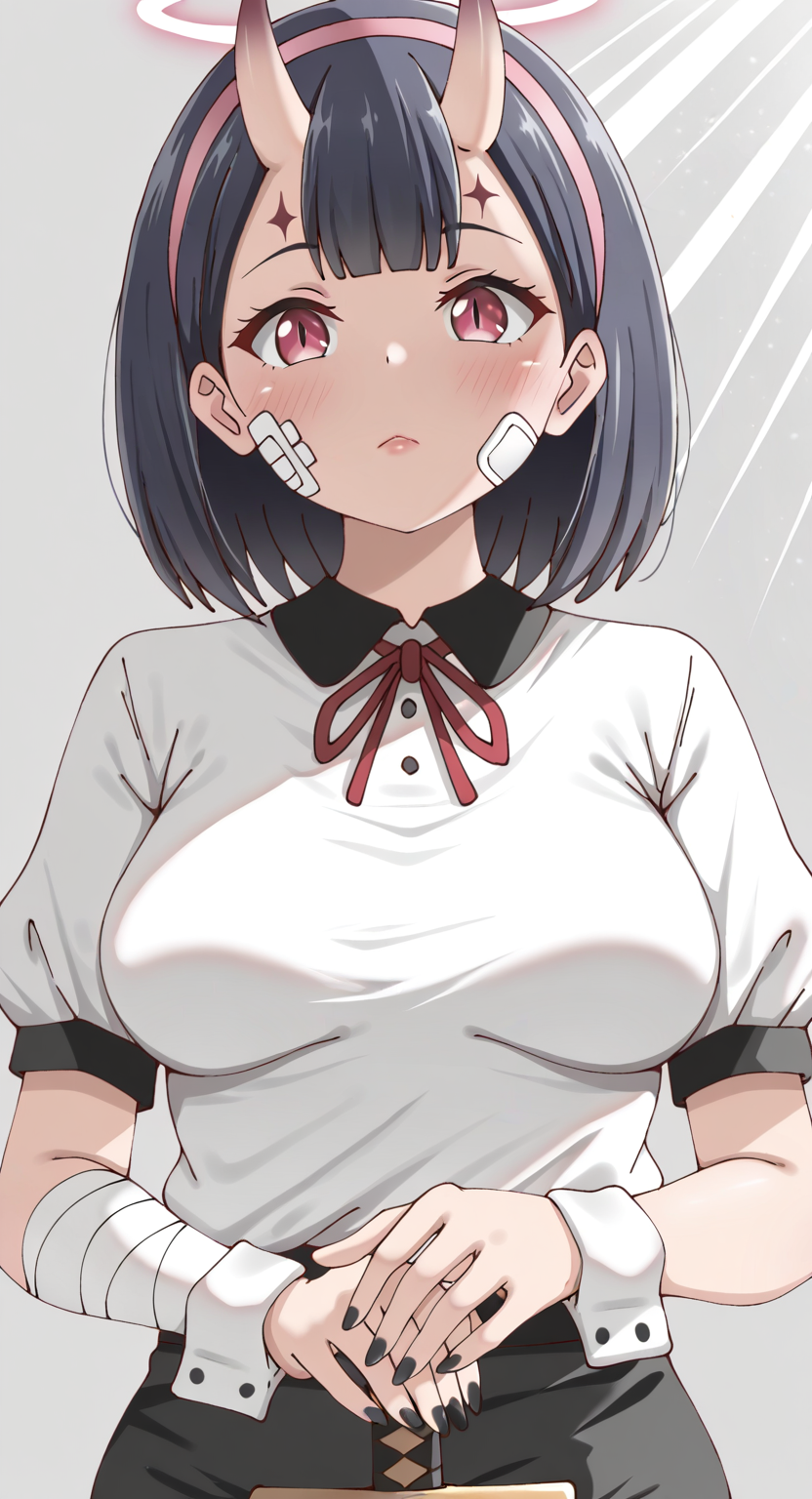 masterpiece, cute, lovely, newest, absurdres, (best quality:1.3), amazing quality, very aesthetic, 1girl, solo, high_resolution, hq, 4k, BREAK. high gradient eyes, very cute, light particles, cute details, cute colors, mature woman, (Poa_Mellhen_Style), oni, oni horns, dark blue hair, straight hair, blunt bangs, pink eyes, slit pupils, (medium breasts:1.2), sagging_breasts, BREAK,  bandaid on face, bandaid, bandaid on cheek, forehead mark, parted lips, wrist cuffs, neck ribbon, short sleeves, fingernails, shirt, hairband, puffy short sleeves, puffy sleeves, shorts, t-shirt, bandages, sheath, sword, solo, holding, simple background, grey background, upper body, halo, facial mark, nail polish, closed mouth, red ribbon, black nails, bandaged arm, holding weapon, light frown, light rays, pink hairband, red lips, scabbard, weapon, white shirt, masterpiece, best quality, very aesthetic, intricate details, vivid colors, smooth shading, dynamic lighting, professional illustration, soft gradients, balanced composition, elegant pose, high-resolution, sharp focus, 8k, hdr, crisp lines, perfect lighting, sharp eyes, detailed eyes, highly detailed