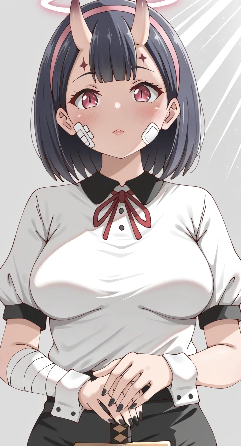 masterpiece, cute, lovely, newest, absurdres, (best quality:1.3), amazing quality, very aesthetic, 1girl, solo, high_resolution, hq, 4k, BREAK. high gradient eyes, very cute, light particles, cute details, cute colors, mature woman, (Poa_Mellhen_Style), oni, oni horns, dark blue hair, straight hair, blunt bangs, pink eyes, slit pupils, (medium breasts:1.2), sagging_breasts, BREAK, bandaid on face, bandaid, bandaid on cheek, forehead mark, parted lips, wrist cuffs, neck ribbon, short sleeves, fingernails, shirt, hairband, puffy short sleeves, puffy sleeves, shorts, t-shirt, bandages, sheath, sword, solo, holding, simple background, grey background, upper body, halo, facial mark, nail polish, closed mouth, red ribbon, black nails, bandaged arm, holding weapon, light frown, light rays, pink hairband, red lips, scabbard, weapon, white shirt, masterpiece, best quality, very aesthetic, intricate details, vivid colors, smooth shading, dynamic lighting, professional illustration, soft gradients, balanced composition, elegant pose, high-resolution, sharp focus, 8k, hdr, crisp lines, perfect lighting, sharp eyes, detailed eyes, highly detailed