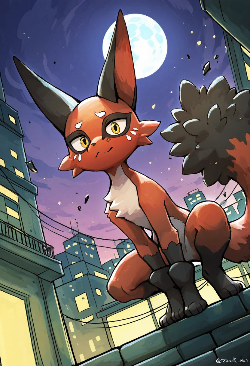 masterpiece, best quality, looking at viewer, zzNickit, narrow rooftop ledge, full moon overhead, city skyline in the distance, quiet night, crouched low, tail flicking, ears perked, glancing downward, soft wind stirring loose debris â Perched on the edge of a crumbling rooftop, zzNickit crouches low, surveying the silent alley below. The full moon casts a pale glow over the cityscape, and a gentle breeze rustles paper scraps caught in rusted gutters. Its gaze stays sharp, ever-watchful, ready to vanish the moment it's seen. ,<lora:NickitPokedex_IXL_v1:1.0>, foreshortening, dynamic angle, close up,