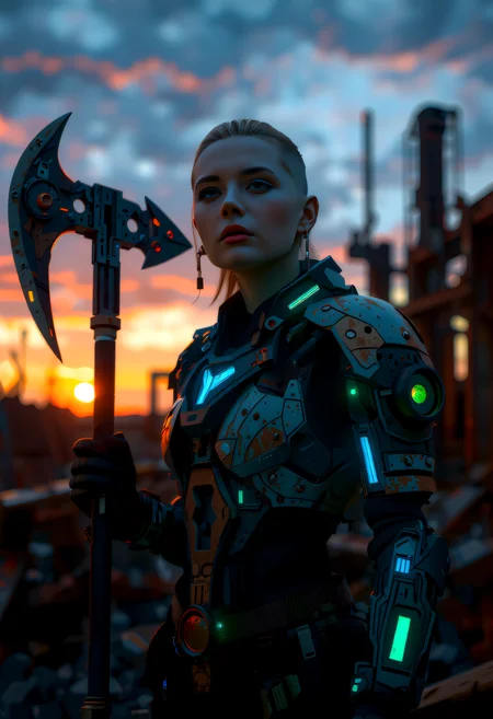 As the twilight's dim light casts an ethereal glow, a vikingpunk warrior stands proudly amidst the post-apocalyptic ruins, her advanced exosuit emitting bioluminescent electricity. Her undercut hair with shaved sides, framing her determined expression heterochromia eyes with one mechanical dimly lit eye and one natural eye, full of purpose. She wields a futuristic battleaxe, its edge shimmering with power, prepared for any trial. The desolate landscape, marked by rust and wear and heavy patina of her exosuit and weapon, becomes a stage for her resilience. The exosuit, covering her torso and legs, showcases a blend of ancient Viking culture and futuristic technology, leaving a lasting impression of strength and adaptability in this harsh, Nordic-inspired world. aidmaimageupgrader, <lora:flux/Realism 2>, <lora:fantasy_portrait_by_cosmic>, <lora:scifi/dvr-transformers-flux.safetensors:0.7>, <lora:RM_Fantastify_v0.7M.safetensors:1.0>,