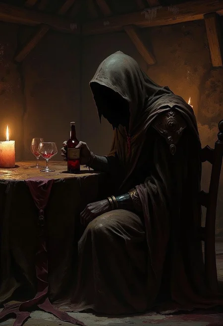 An atmospheric and powerful dark fantasy, natural organic and impressionist classical-style painting of hooded man holding a bottle of wine in dimly lit tavern. His face is covered by dark hood. He sits alone in solitude of the tavern while looking at his half empty red wine bottle. Candle light, abandoned tavern.