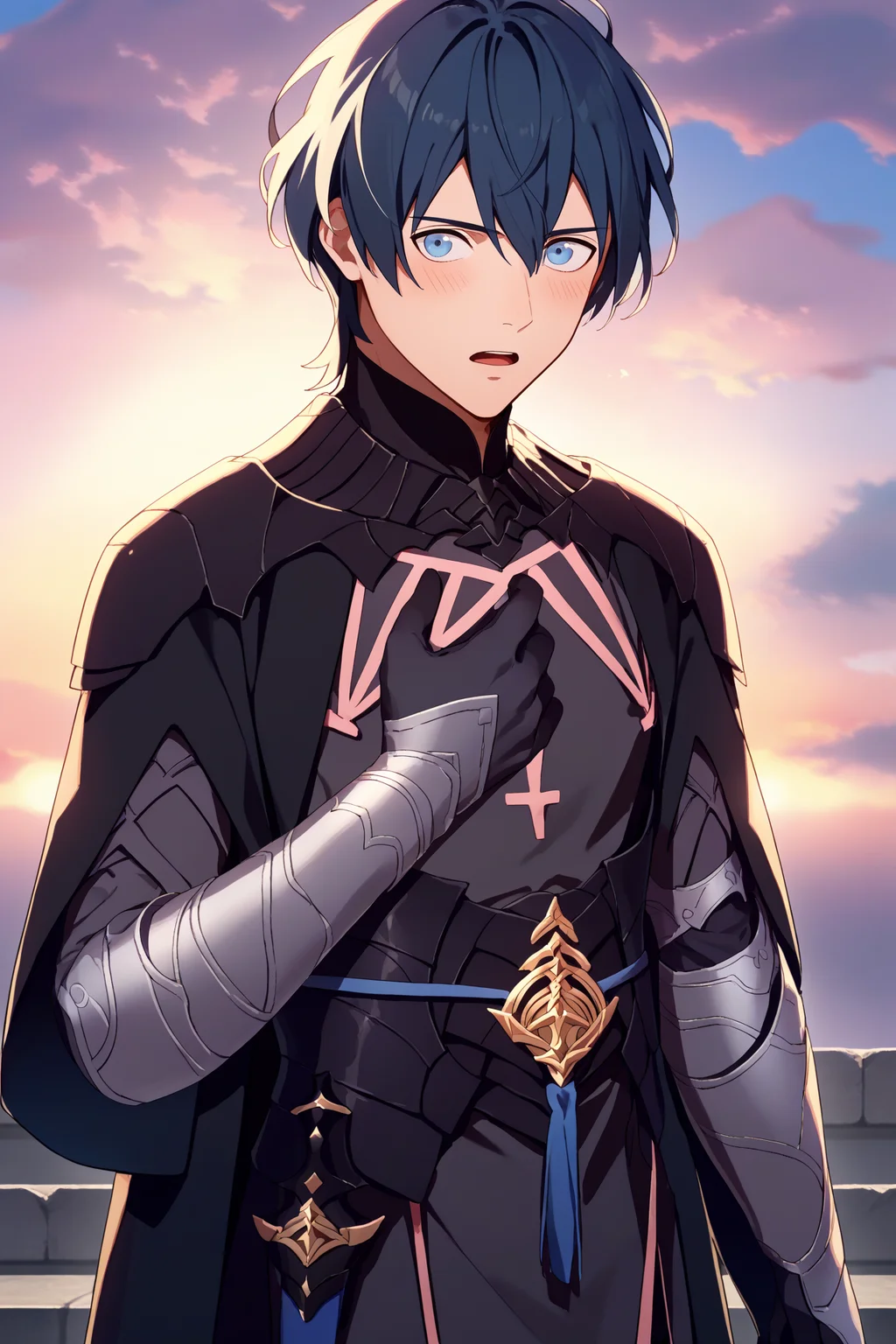 score_9, score_8_up, score_7_up, score_6_up, source_anime, 1boy, male focus, solo <lora:mbyleth-pdxl-nvwls-v1-000005:1> defmByl, dark blue hair, short hair, blue eyes, hair between eyes, black cape, black armor, black coat, black pants, gauntlets, black gloves, <lora:FE3H-S-Rank-pdxl_Fp:1> sky, cloud, sunset, looking at viewer, blush, open mouth, hand to chest