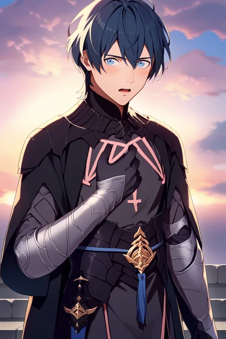 score_9, score_8_up, score_7_up, score_6_up, source_anime, 1boy, male focus, solo <lora:mbyleth-pdxl-nvwls-v1-000005:1> defmByl, dark blue hair, short hair, blue eyes, hair between eyes, black cape, black armor, black coat, black pants, gauntlets, black gloves, <lora:FE3H-S-Rank-pdxl_Fp:1> sky, cloud, sunset, looking at viewer, blush, open mouth, hand to chest