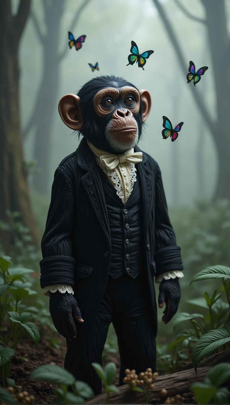 <lora:flux-licoricestyle.safetensors:1> made out of  Licorice
A chimpanzee in Victorian attire stands amidst a mist-shrouded woodland, its gaze fixed on something unseen. The surrounding fog is rendered in soft focus, with intricate lace and striped piping adorning the chimp's clothing. A flurry of butterflies flit about, their iridescent wings glimmering in the dim light as if drawn to an unseen connection between them and the chimp.