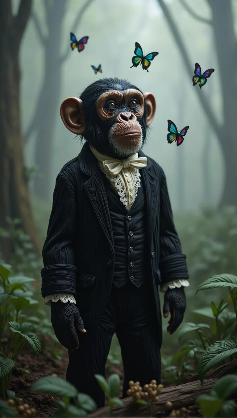 <lora:flux-licoricestyle.safetensors:1> made out of  Licorice
A chimpanzee in Victorian attire stands amidst a mist-shrouded woodland, its gaze fixed on something unseen. The surrounding fog is rendered in soft focus, with intricate lace and striped piping adorning the chimp's clothing. A flurry of butterflies flit about, their iridescent wings glimmering in the dim light as if drawn to an unseen connection between them and the chimp.