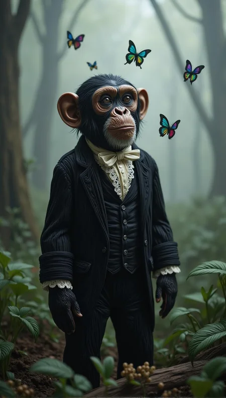 <lora:flux-licoricestyle.safetensors:1> made out of  Licorice
A chimpanzee in Victorian attire stands amidst a mist-shrouded woodland, its gaze fixed on something unseen. The surrounding fog is rendered in soft focus, with intricate lace and striped piping adorning the chimp's clothing. A flurry of butterflies flit about, their iridescent wings glimmering in the dim light as if drawn to an unseen connection between them and the chimp.