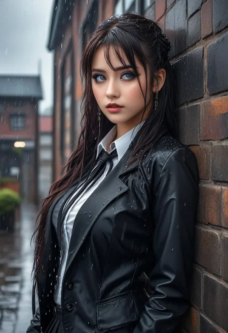 18yo student, busty female, adorable face, long hair, dynamic makeup, alleywall background,
kibito high school uniform, black jacket, long sleeves, (8k) (HDR), (wide angle:1.4),