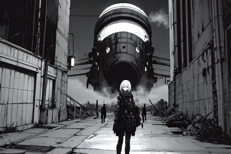 highly insanely detailed, masterpiece, top quality, best quality, highres, 4k, 8k, RAW photo, (very aesthetic, beautiful and aesthetic),  
tsutomu nihei,nihei_tsutomu,blame!,blame gakuen!,abara,TNstyle,sidonia_no_kishi,(tower,space,spacecraft),clouds,light particles,cables,tubes,industrial pipes,bridge,lantern,wire,walkway,letterboxed,fence,tentacles,air conditioner,gauna,gauna mech,ventilation fan,ventilation shaft,drainpipe,machinery,toha heavy industries,concrete walls,metal walls,dome,dark sky,black sky,buildings,mist,smoke,fog,steam, 
<lora:blameLora_v10:0.8>, 
(1girl:1.3), 
solo focus, 
located in an urban scene at a scenic bus stop,âââ
