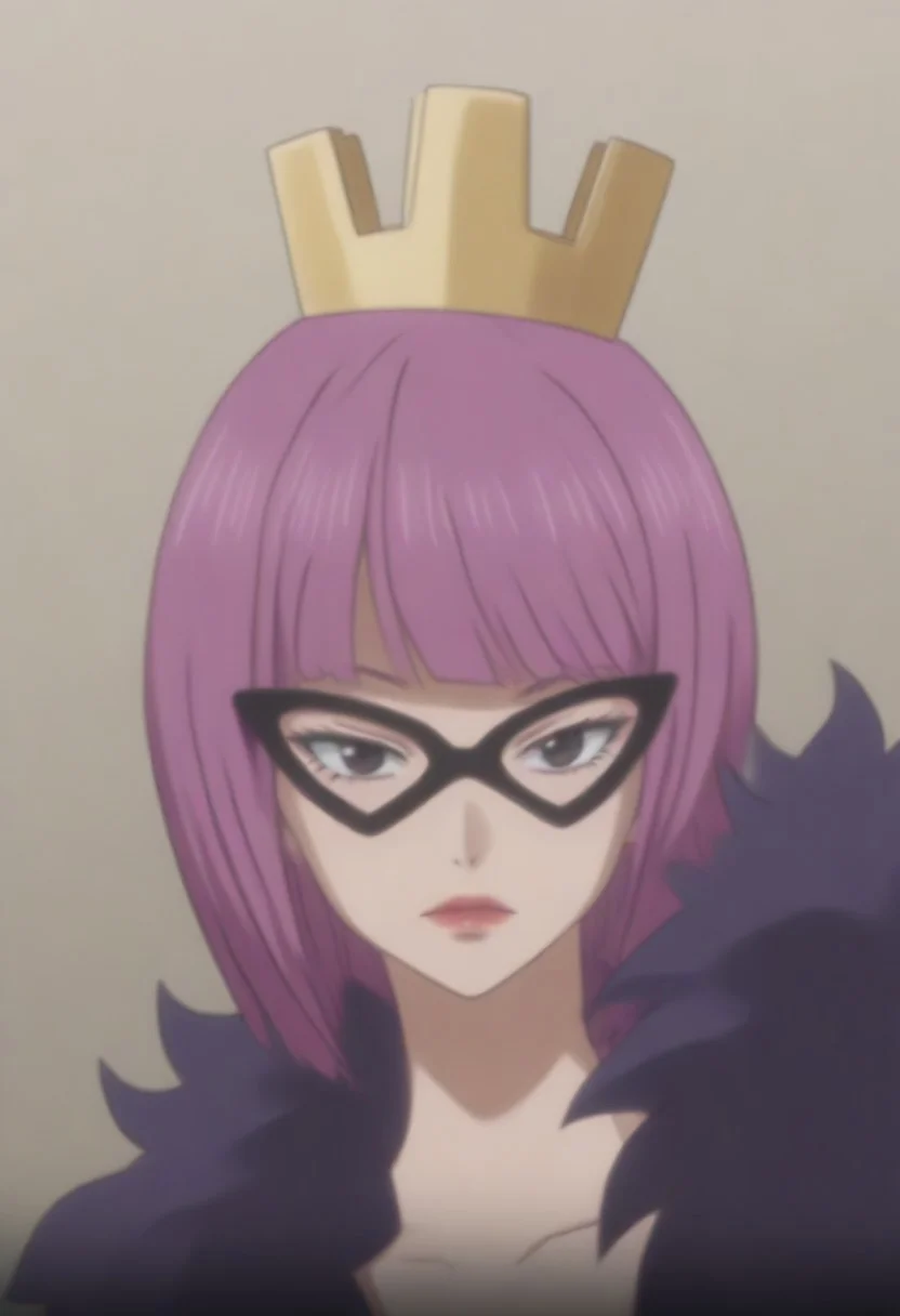 source_anime, anime screencap, source_anime, auratheguillotine, anime screencap, masterpiece, source_anime, shiny skin,,, KinderellaOP, 1girl, solo, tall woman, pink purple hair, bangs, bob cut, black eyes, lips, red lipstick, crown, long yellow dress, cleavage, dress with cutout, dark cape, wide hips, long light-colored gloves, eye-mask,