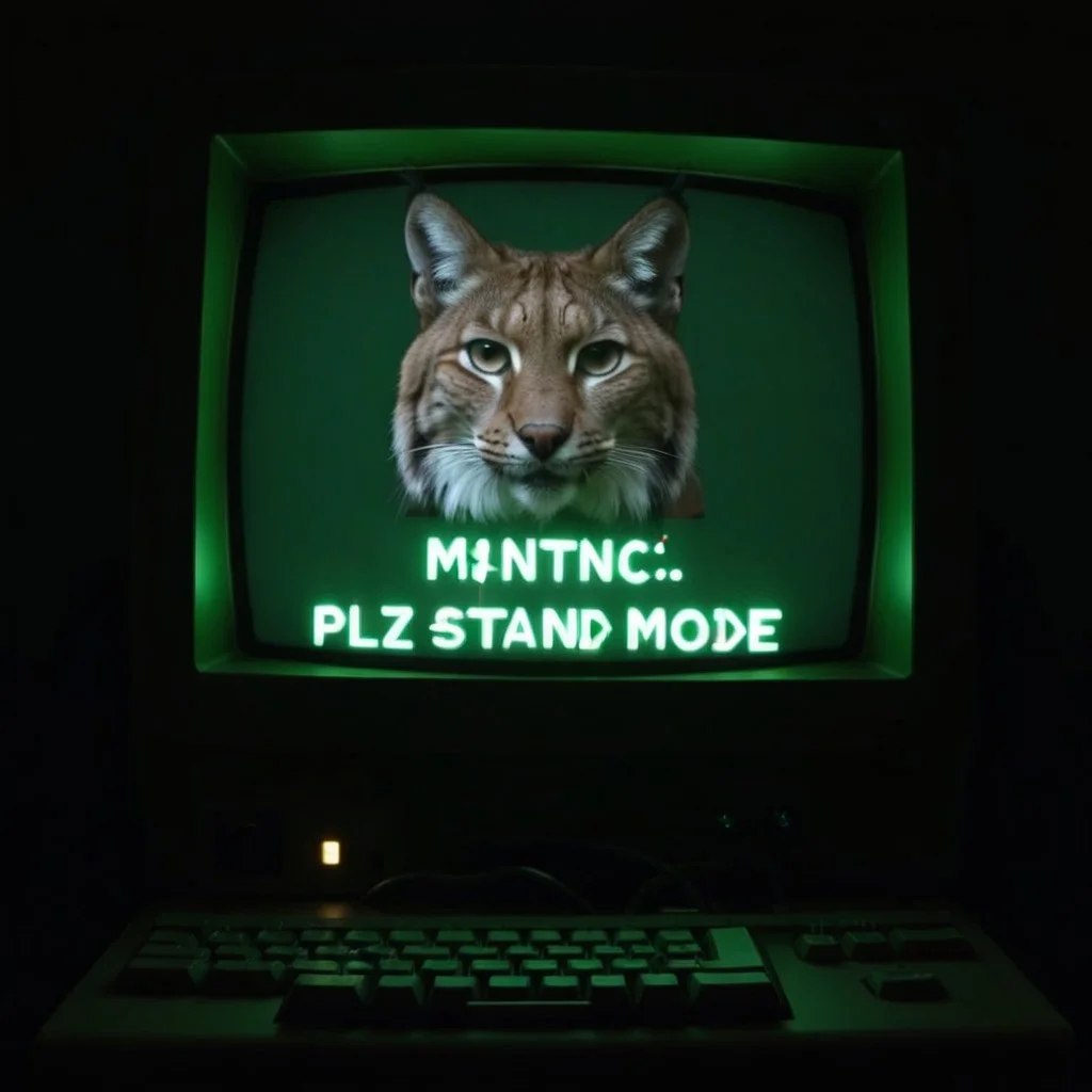 eurasian lynx in front of computer monitor, mntnnc_md_plz_stand_by, text on monitor: "maintenance mode: plz stand by"