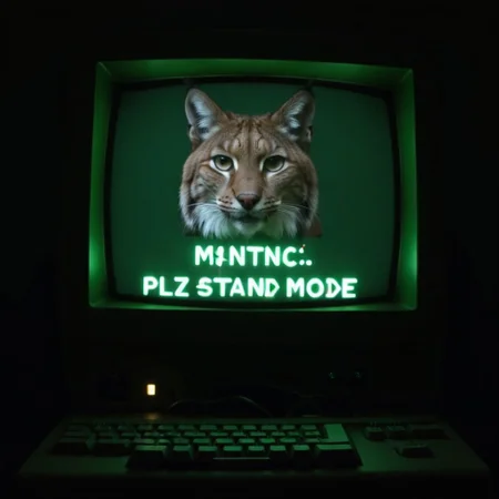 eurasian lynx in front of computer monitor, mntnnc_md_plz_stand_by, text on monitor: "maintenance mode: plz stand by"