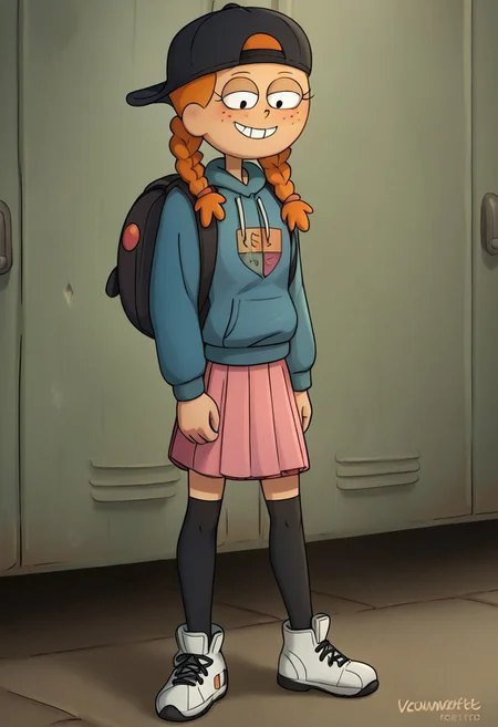 nocunoctstyle, cel-shading, AmphiMaggie, orange hair, braid, twin braids, freckles, 1girl, solo, smile, baseball cap, backwards hat, long sleeves, pink skirt, pleated skirt, blue hoodie, hood down, backpack, black thighhighs, white footwear,