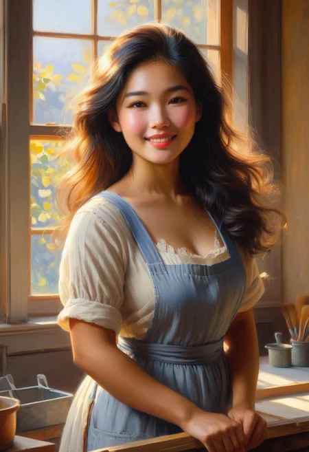 (Oil painting) Khmer woman artisan with glowing clear skin and a gentle smile, standing in a sunlit workshop. She wears a cute, slightly smudged apron, her long hair cascading softly around her shoulders. The warm golden light streams through large windows, casting intricate shadows on her body. Sun-kissed highlights illuminate her face and arms, while soft warm shadows play across the background. The scene captures a romantic atmosphere, inspired by the styles of Winslow Homer and Thomas Eakins.
Strong wiry build, Beautiful sexy busty. Her full lips curve into a gentle smile. Long, silky black hair frames her heart-shaped face. Strong hands delicately working on an intricate craft piece. Her graceful magical movements and posture exude confidence and skill. Sun-kissed highlights accentuate her curves.