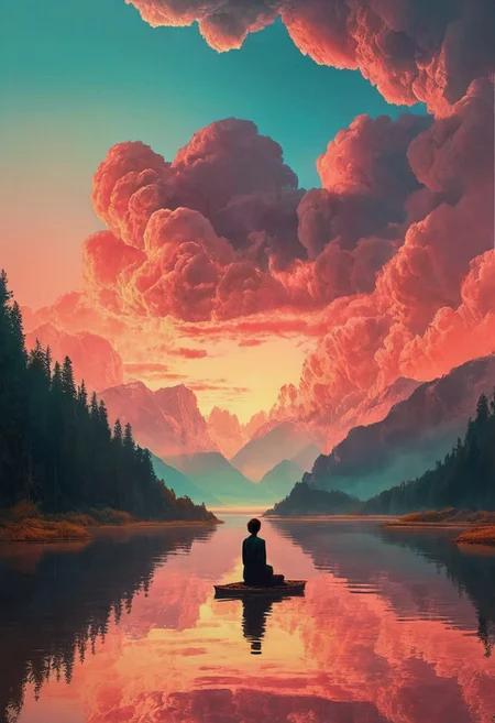 (art by Eduard Wilhelm Pose and Master of the Holy Blood and Ivan Bilibin:1.1)(oxygen-rich air and sheltered atmosphere,, aesthetic of hard - edge painting:0.1) (ingenious opus magnum by Michael Vincent Manalo and Elvira Vigna:1.2), (pastel oil painting:0.1) The sky is filled with swirling clouds, vivid colors, and ethereal light, reminiscent of Beksinski's abstract paintings. A silhouette figure lies within each frame, their form blending with the surreal beauty of the sky. The post-processing enhances the dreamlike quality, adding a soft focus and a subtle glow to the ethereal light, creating a sense of otherworldly peace.