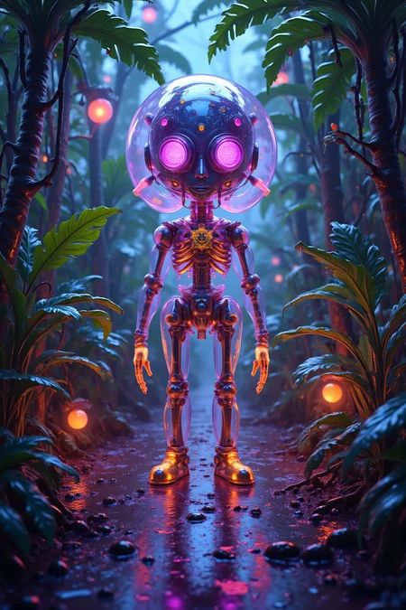 Acrylic, Translucent style, Vibrant sci-fi digital illustration, colorful robot with glowing purple eyes standing on a wet jungle path at dusk, illuminated by warm neon lights, lush green foliage and tropical plants, reflective puddles on the ground, pink and orange hues from artificial lights, robot's intricate design and vibrant colors, rich textures of wet ground and vegetation, overall a whimsical and futuristic scene with a magical atmosphere.