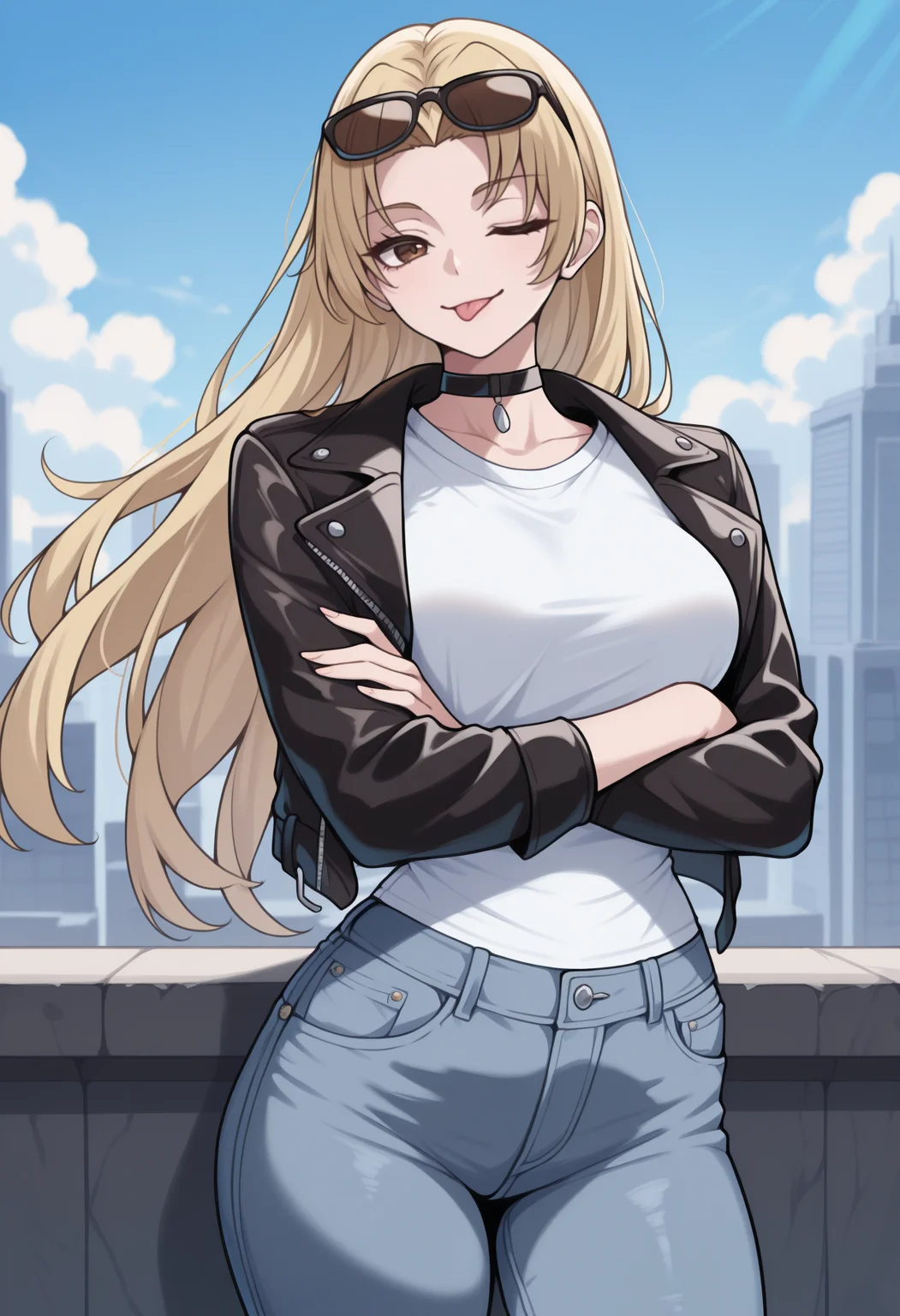 masterpiece, best quality, newest, cowboy shot, solo, 1girl, tskm, smile, :p, looking at viewer, standing, crossed arms, long hair, blonde hair, parted bangs, sunglasses, eyewear on head, brown eyes, one eye closed, black jacket, leather jacket, open jacket, long sleeves, white shirt, t-shirt, blue pants, jeans, black choker, outdoors, blue sky, cloud, cityscape, skyscraper
<segment:yolo-Anzhc Face seg 640 v2 y8n.pt,0.4,0.5//cid=1>