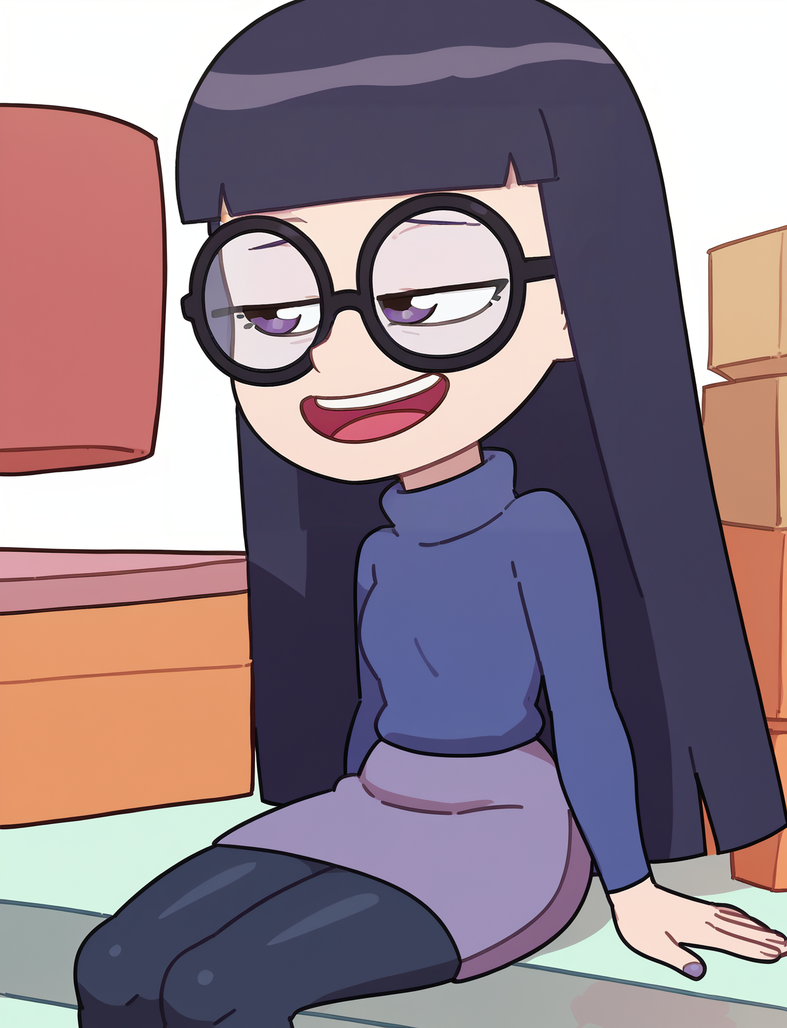 score_9, score_8_up, score_7_up, score_6_up, score_5_up, score_4_up, 1girl, <lora:Pandora_Les_filles_de_dad:0.9> pandora, glasses, long hair, turtleneck sweater, purple footwear, skirt, black pantyhose, long hair, blunt bangs, half-closed eyes, solo, cowboy shot, expressionless, white background, sitting, smile, open mouth, teeth, 
<lora:kabeume_Pony_locon_e20:1>