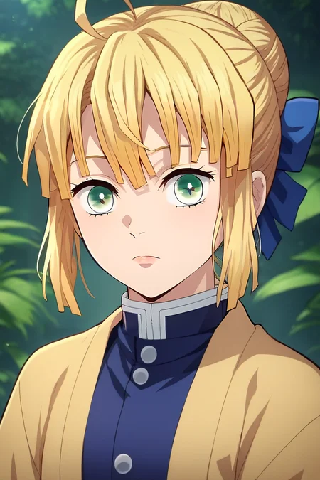 score_9, score_8_up, score_7_up, source_anime, , (realistic:0.6), looking at viewer, upper body, depth of field, 1girl, saber \(fate\), blonde hair, green eyes, ahoge, hair between eyes, hair bun, hair bow, solo, An enchanted forest where magical creatures and plants abound, <lora:kimetsu_no_yaiba_style_pony:0.9>, kimetsu_no_yaiba_style, <lora:sdxl_lightning_8step_lora:1>,