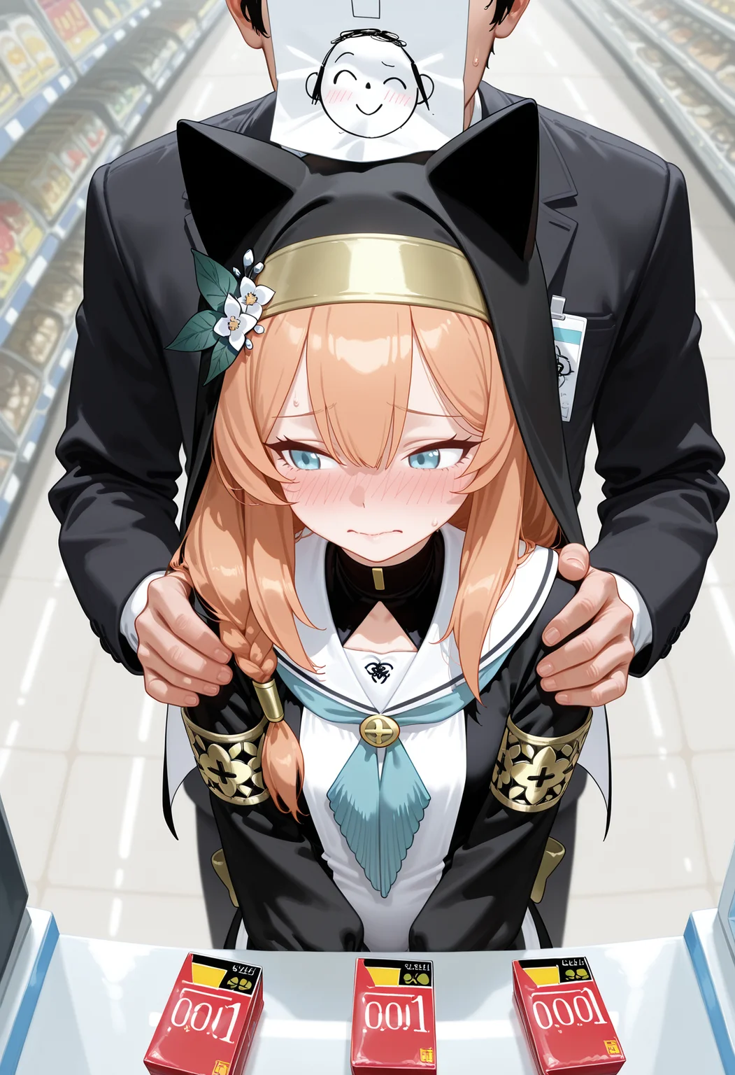 1girl,mari \(blue archive\), nun outfit,embarrassed, 
1boy,hand on another's shoulder, suit,doodle sensei \(blue archive\),paper on head, id card,
buying condoms, convenience store,
anime screencap,photorealistic,
masterpiece, best quality,amazing quality,