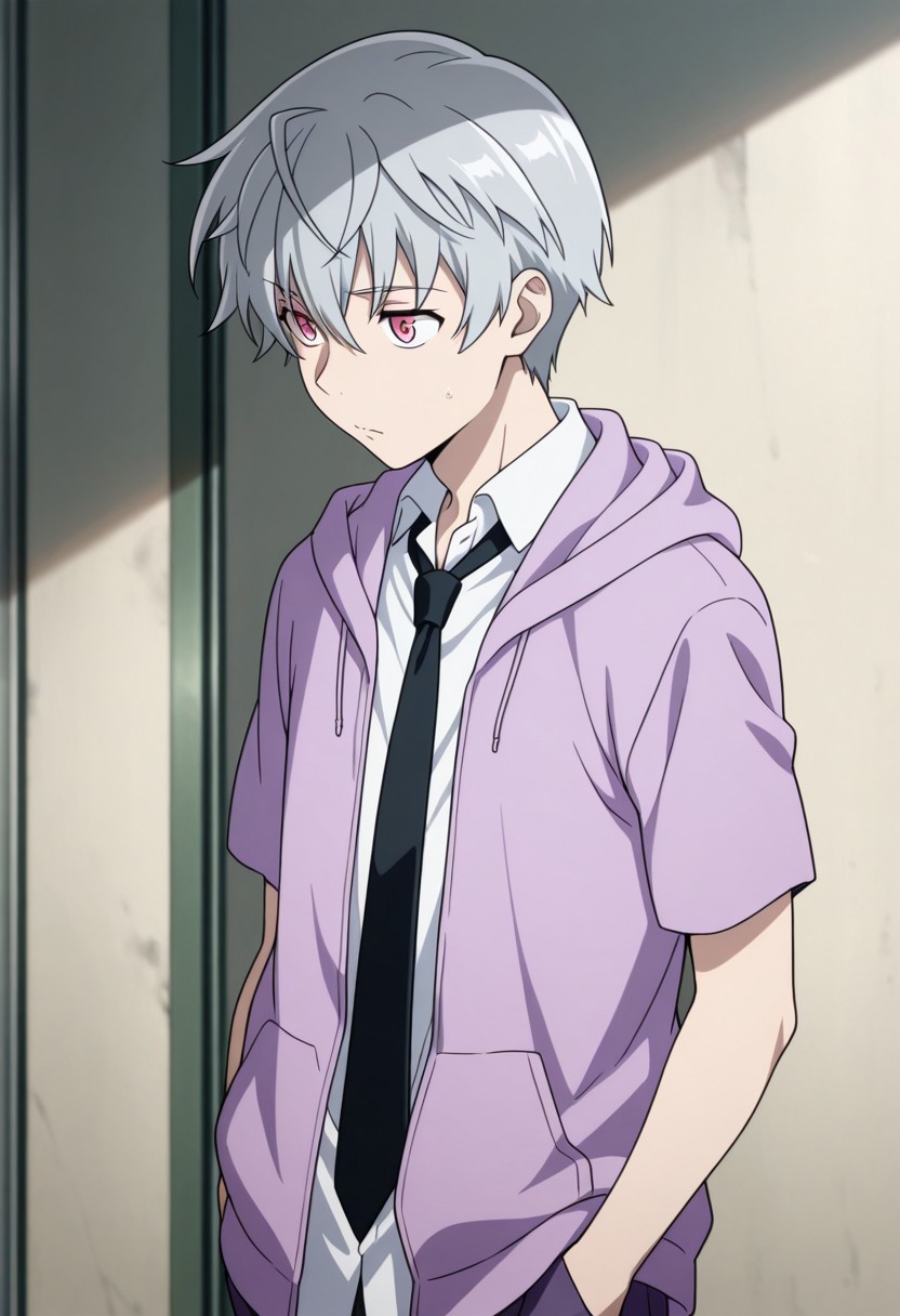 masterpiece,best quality,amazing quality, source_anime, 
aruakise, 1boy, male focus, solo, pink eyes, grey hair, shirt, white shirt, collared shirt, black necktie, purple jacket, hood, short sleeves, hands in pockets,