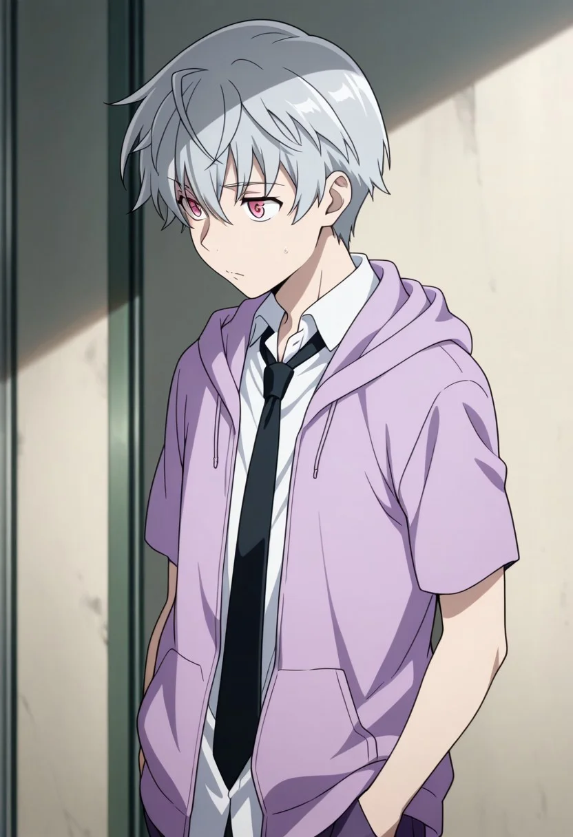 masterpiece,best quality,amazing quality, source_anime,
aruakise, 1boy, male focus, solo, pink eyes, grey hair, shirt, white shirt, collared shirt, black necktie, purple jacket, hood, short sleeves, hands in pockets,