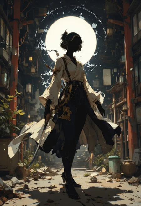 anime art,pscho_4rt, A breathtaking ultra-HD anime-style illustration of a female samurai. Japanese Culture Style, Neo Photorealistic Art, Emotional Photos, 35mm film, Young Japanese Woman in skintight black ninja bodysuit fighting for Ukraine, A Japanese sword is stuck into the ground, smoking, Japanese shrine background with a centered white circle. The atmosphere is tranquil yet powerful, evoking a sense of nostalgia and wonder. Highly detailed character, precise silhouette, cinematic lighting, ultra-realistic textures, dreamy and immersive composition, masterpiece.