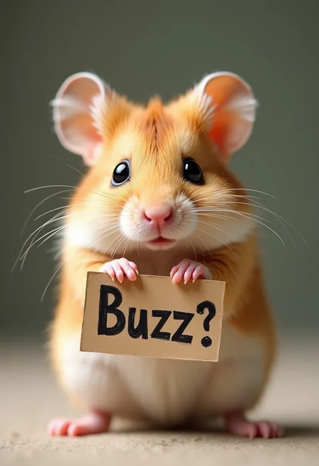 Photo of a tiny little hamster holding a sign saying "Buzz?"