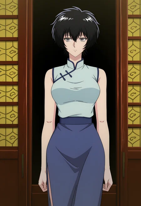 <lora:Reiko Kujirai-000030:1>,
Reiko Kujirai,grey eyes,black hair,mole under eye,short hair,
sleeveless,chinese clothes,sleeveless shirt,blue shirt,blue skirt,
standing