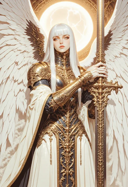 An1meL1nes, aiai-Manga90: A striking female figure radiating an ethereal, otherworldly presence, wearing a flowing white medieval robe adorned with intricate silver attachments, each crafted with delicate, ornate patterns reminiscent of regal craftsmanship. The silver shoulder plates curve gracefully over her form, while a waist chain with elegant filigree accents cinches the robe, and a breastplate with mesmerizing, intricate designs enhances her majestic aura. The robe is modest yet imposing, concealing her figure while exuding an air of authority and dignity. Her long, straight silver-white hair cascades over her shoulders, framing her pale, flawless skin and drawing attention to her piercing, confident gaze. In her right hand, she wields a large, ornate sword with a gleaming silver blade etched with luminous white patterns, its hilt wrapped in shimmering silver cords. Large white feathered wings extend majestically from her back, adding to her angelic yet fearsome presence. The background is a celestial blend of soft white and pale gold, filled with abstract, swirling patterns that echo the intricate details of her armor, creating a harmonious yet dramatic atmosphere. HD, ultra-detailed, 8K quality, masterpiece artwork.
