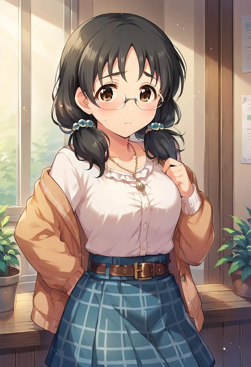 score_9, score_8_up, score_7_up, source_anime,asano fuuka, brown eyes, glasses, black hair, 1girl, solo, twintails, jewelry, necklace, skirt, belt, low twintails, blush, hair ornament