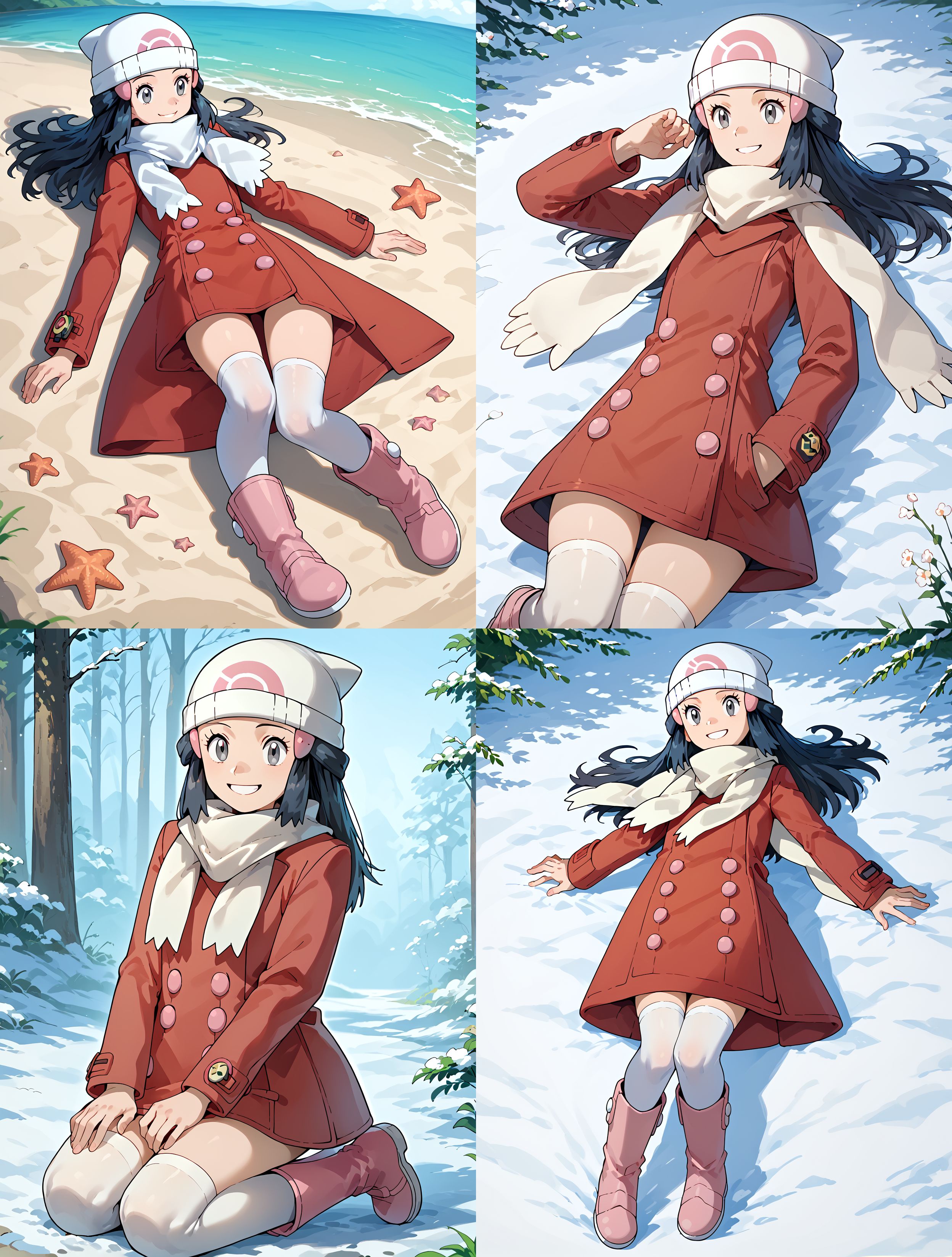 __femalePosesWildcard400_v10/female-poses__, __1000Wildcards_wildcards/wildcards/perspective__, solo, 1girl,  smile, <lora:DawnPony:1> Dawn_Platino, long hair, black hair, grey eyes,  hair ornament, beanie, white headwear, white scarf, red coat, buttons, long sleeves, white thighhighs, boots, pink footwear,, score_9, score_8_up, score_7_up,
