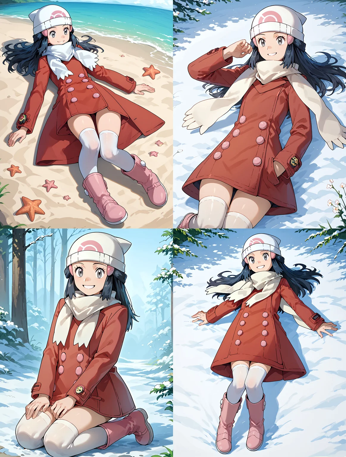 __femalePosesWildcard400_v10/female-poses__, __1000Wildcards_wildcards/wildcards/perspective__, solo, 1girl, smile, <lora:DawnPony:1> Dawn_Platino, long hair, black hair, grey eyes, hair ornament, beanie, white headwear, white scarf, red coat, buttons, long sleeves, white thighhighs, boots, pink footwear,, score_9, score_8_up, score_7_up,