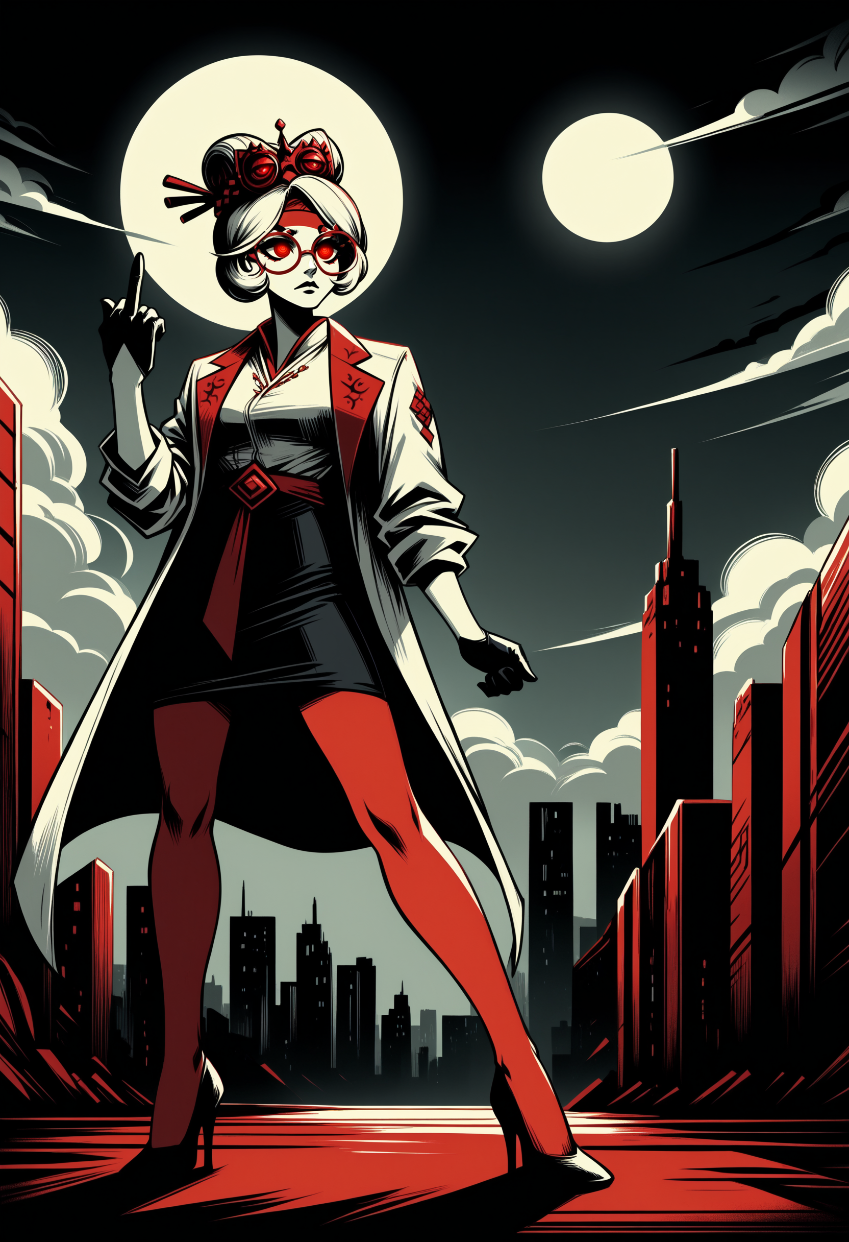 score_9, score_8_up,score_7_up, <lora:lnrnr_pdxl_EliPot_r1:1>, 
high contrast, shadow, full moon, giant, red eyes, glowing eyes,night sky,dark, cityscape, outdoors, standing, red theme, cloudy sky, limited palette
 <lora:purah-pdxl-nvwls-v1:1> purah, hair ornament, red headband, red glasses, sleeveless shirt, white coat, black skirt, red leggings, gloves, high heels, middle finger,