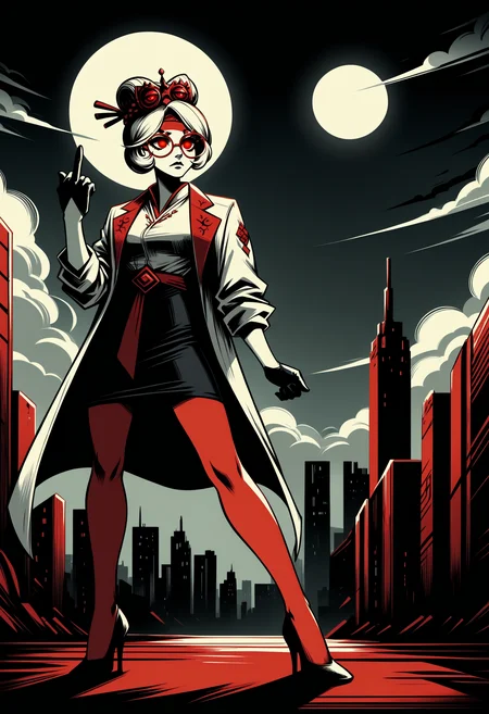 score_9, score_8_up,score_7_up, <lora:lnrnr_pdxl_EliPot_r1:1>,
high contrast, shadow, full moon, giant, red eyes, glowing eyes,night sky,dark, cityscape, outdoors, standing, red theme, cloudy sky, limited palette
<lora:purah-pdxl-nvwls-v1:1> purah, hair ornament, red headband, red glasses, sleeveless shirt, white coat, black skirt, red leggings, gloves, high heels, middle finger,