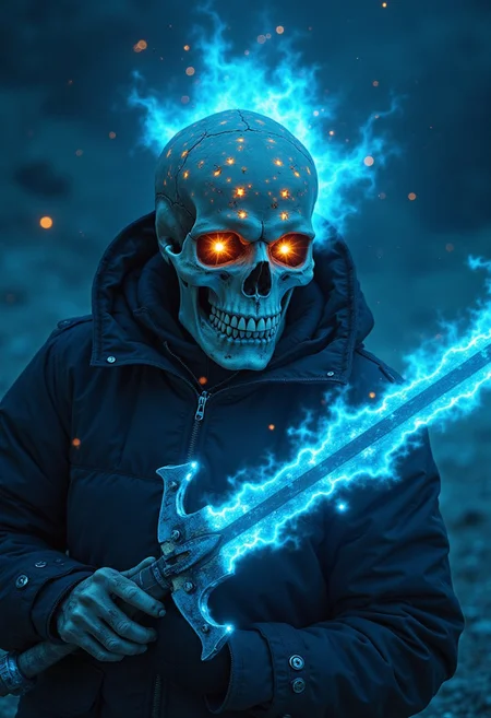 Skelenecro, flat color two-toned in translucent faded blue and muted DARK natural hues, cinematic lighting, insane details, hyperrealistic extreme close-up macro photography, 64-megapixel DSLR. A vibrant, action-packed anime scene in a sketch-like style with thick, bold lines. The focus is a close-up of a grizzled skeleton necromancer, gripping a massive chainsword—a brutal weapon with jagged, rotating teeth, glowing with pale blue necromantic energy. His skull is engraved with glowing neon symbols blending medieval magic and futuristic sci-fi. His empty eye sockets flicker with dim orange flames, while the cracked bone structure reflects the faded blue hues of the desolate environment. Wearing a high-collar military parka, the chainsword in his bony hands radiates a sinister hum, its metallic sheen dulled by the washed-out light. Small, illuminated circular lights, now glowing faint blue, float around his skull, giving him an ethereal, mysterious aura. The glowing runes on his bones pulse with energy, radiating a dark power. Sparks and dust, tinged with a pale blue glow, fly from the chainsword as it revs violently. Atmospheric haze surrounds the scene, heightening the contrast between the deep blacks of the background and the faded blue lighting. The intense aura swirling around him feels ready to explode with necromantic energy, creating a striking visual of raw emotion and supernatural power in this eerie, sci-fi fantasy setting.